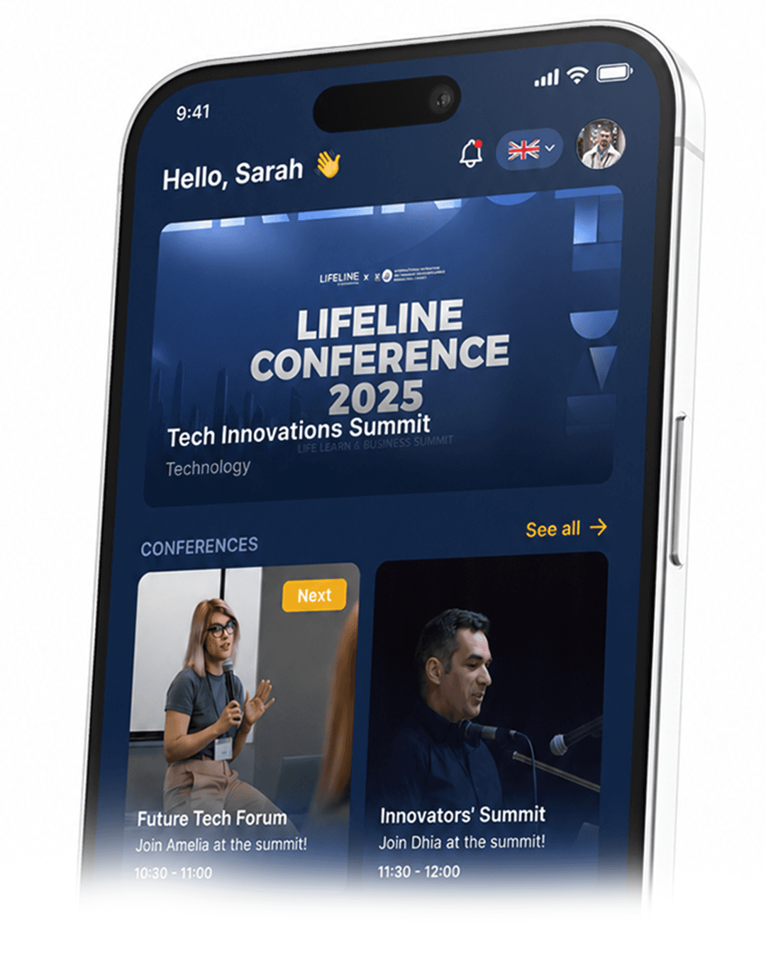App home screen showing the attendee's event and upcoming sessions