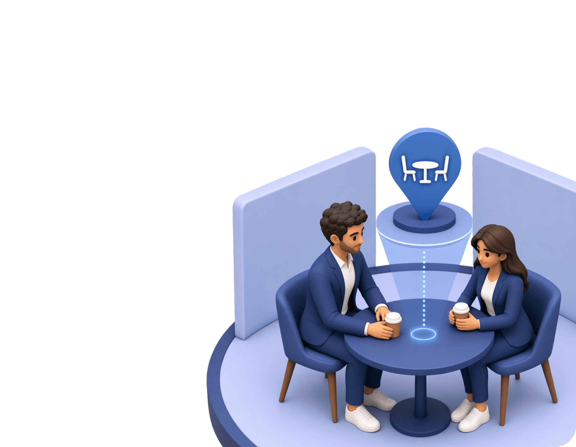 Two attendees meeting at their automatically assigned table, marked by a location pin