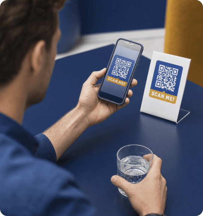 An attendee scanning a QR code with their phone at an event table